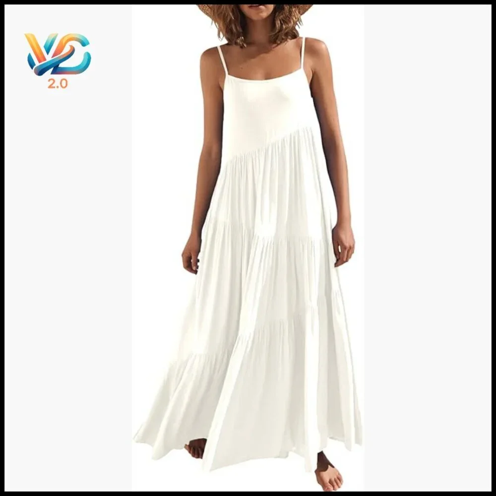 Loose Fit Maxi Dress with Adjustable Spaghetti Straps, Flowy Swing Hem